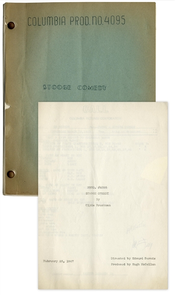 Moe Howard's 30pp. Script Dated February 1947 for The Three Stooges Film ''Brideless Groom'' -- With Call Sheet -- Very Good Condition